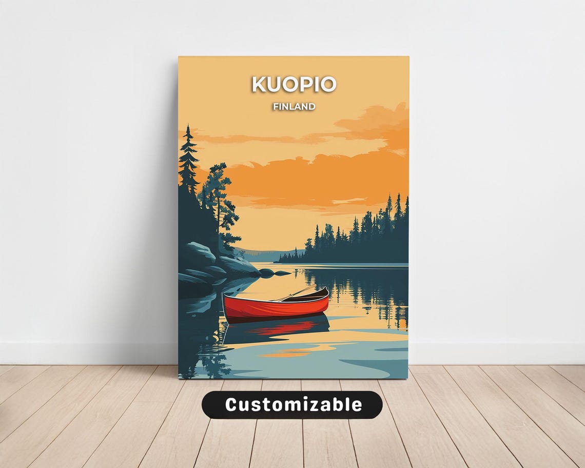 Kuopio Finland Red Canoe Sunset Lake Travel Poster Nordic Art