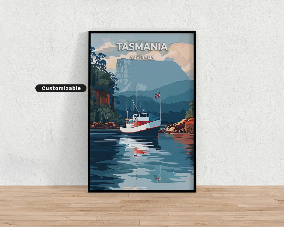 Tasmania Australia Travel Poster Fishing Boat Mountain Lake Wall Decor
