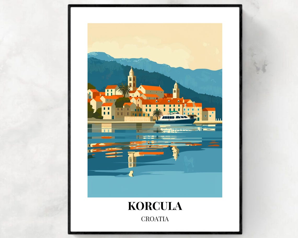 Korcula Old Town Waterfront Mirrored on the Calm Evening Sea Poster