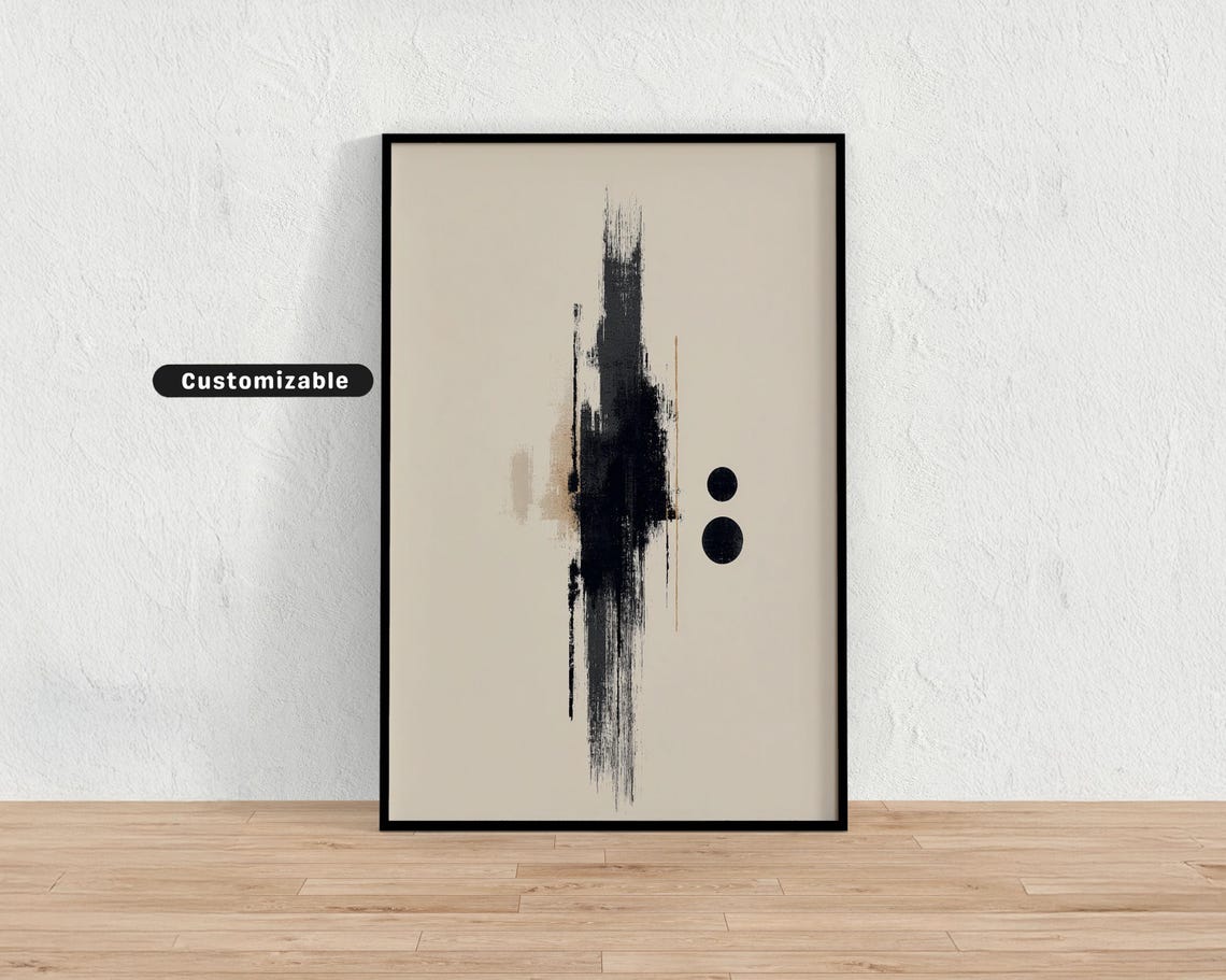 Minimal Black Brushstroke on Beige Modern Abstract Wall Art Decor