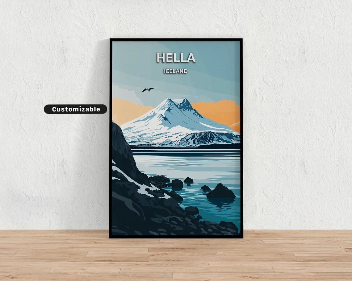 Hella Iceland Snowy Twin Peaks Rocky Shore Dramatic Travel Poster