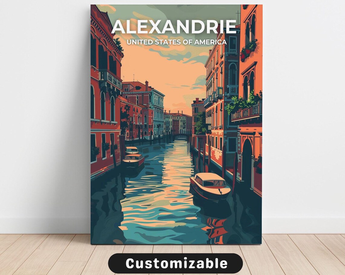 Alexandrie USA Travel Poster Sunset Canal Boats Vintage City Scene