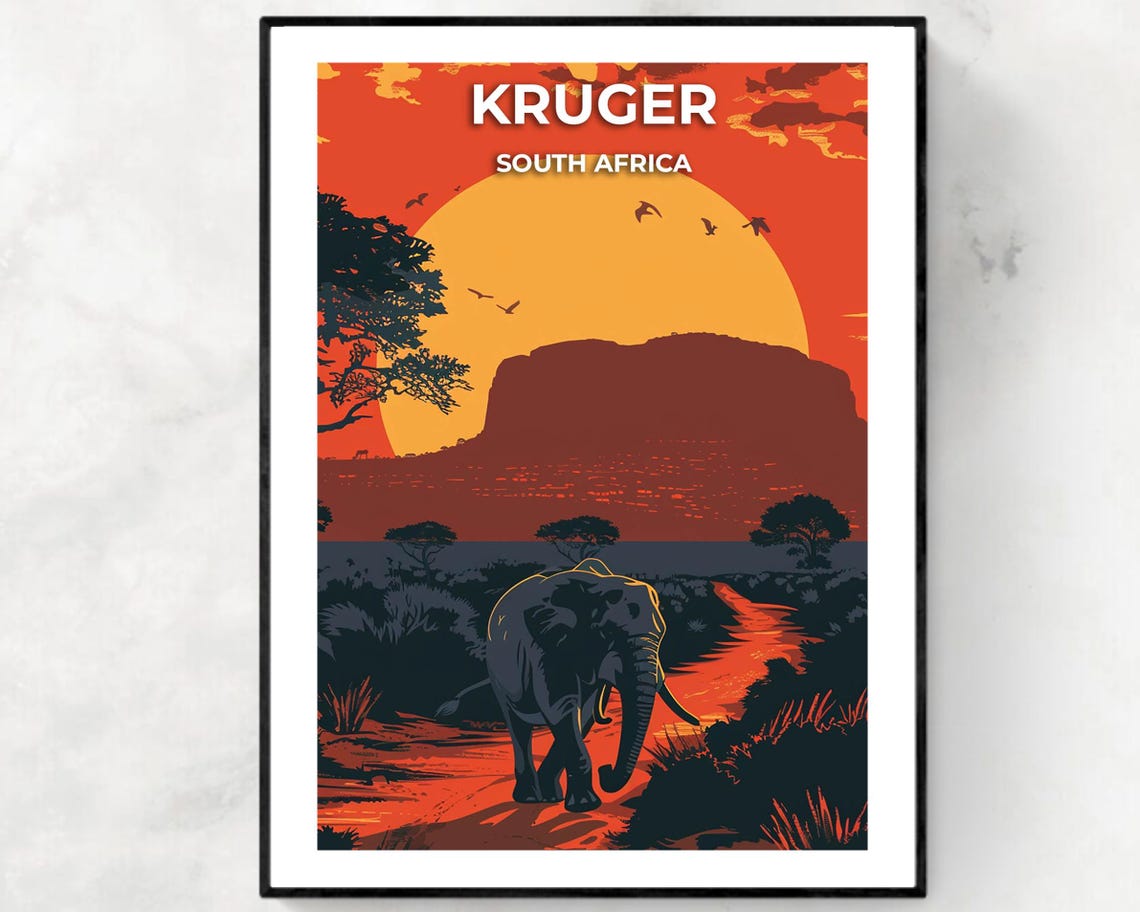 Kruger South Africa Elephant Red Sunset Safari Travel Poster