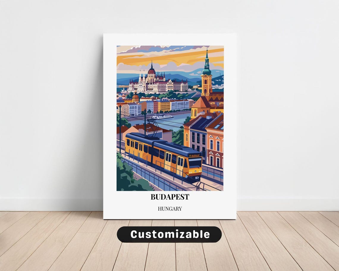 Budapest Hungary Parliament Tram Sunset Cityscape Vintage Poster