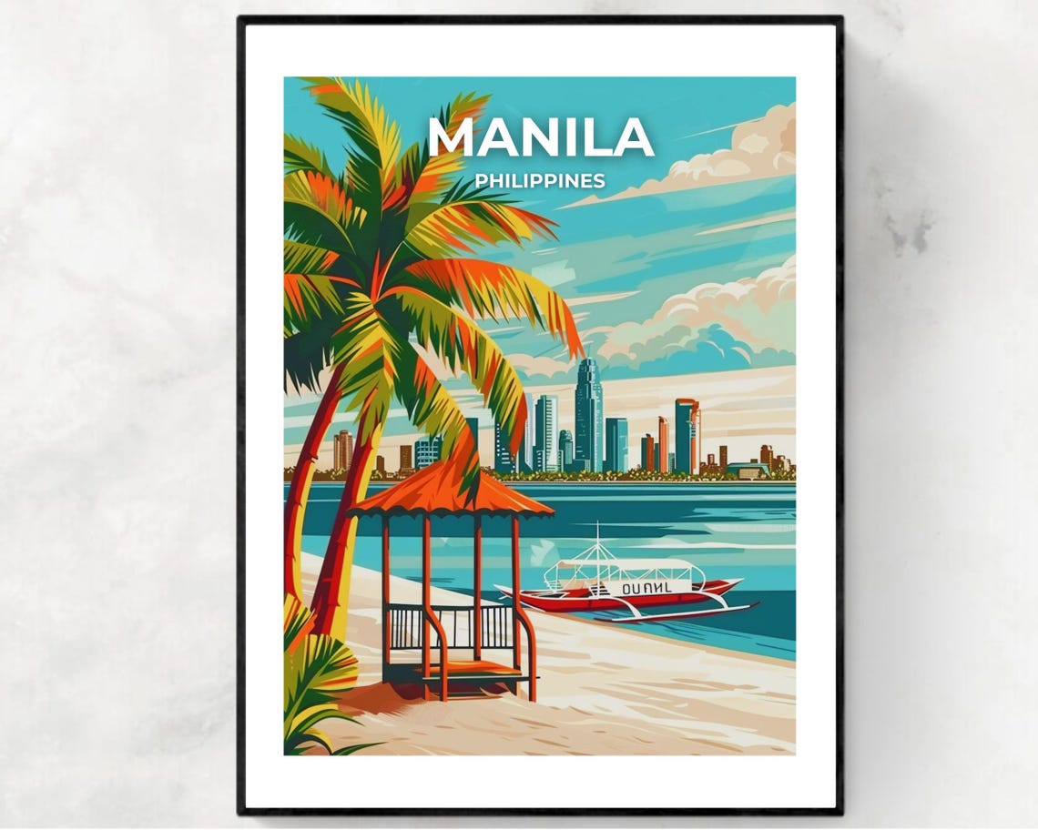 Manila Philippines Beach Palm Skyline Tropical Travel Poster