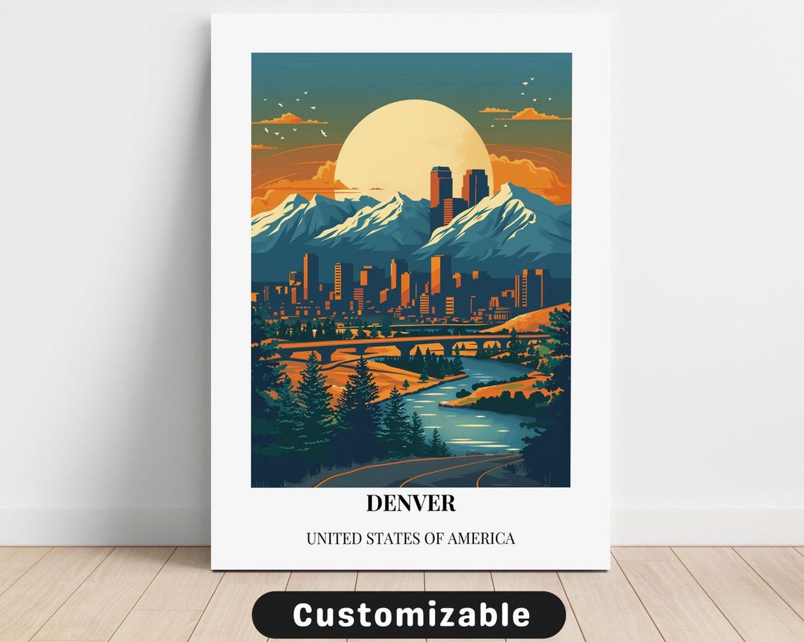 Denver USA Retro Travel Poster Rocky Mountains Sunset Cityscape