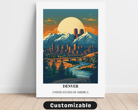 Denver USA Retro Travel Poster Rocky Mountains Sunset Cityscape