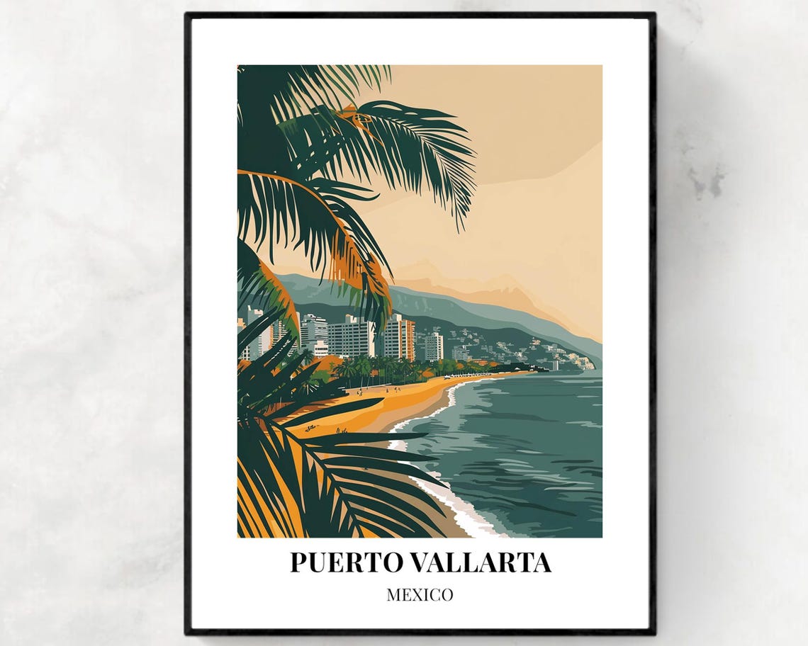 Puerto Vallarta Mexico Golden Beach Poster with Palms and Hotels