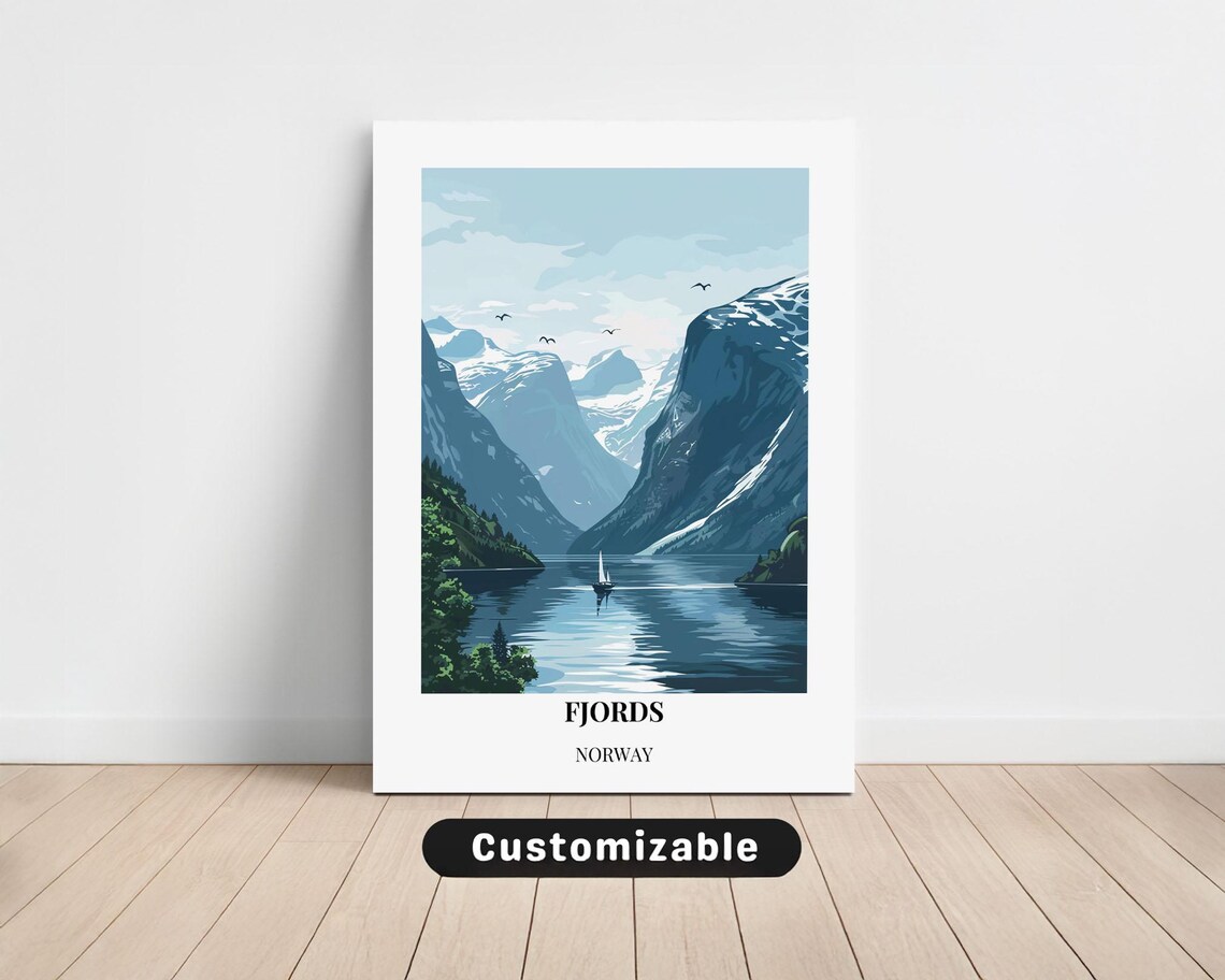 Norway Fjords Sailboat Mountain Landscape Vintage Travel Poster