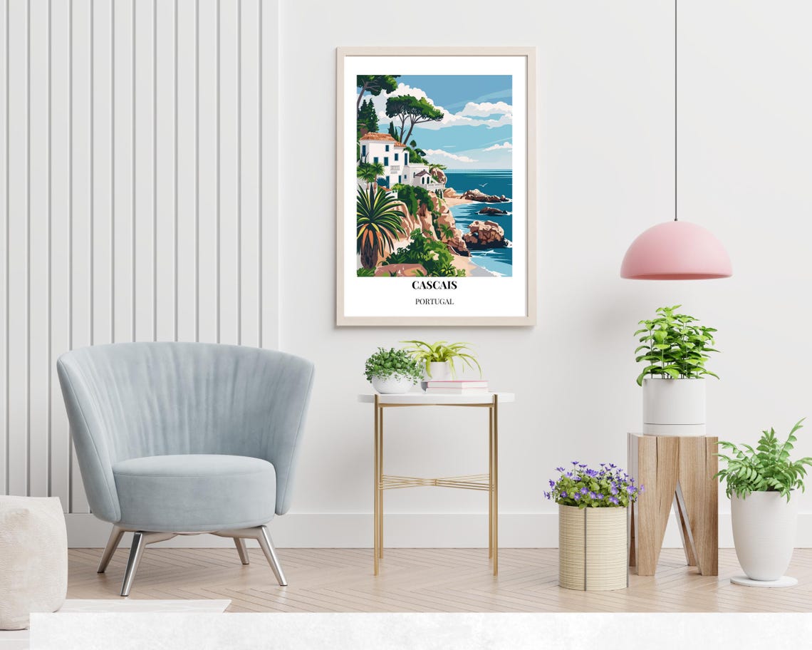 Cascais Portugal Rocky Cove Beach Villa Blue Ocean Travel Poster - Image 2