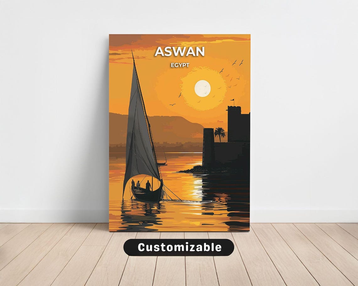 Aswan Egypt Felucca Sunset Nile Silhouette Golden Canvas Travel Poster