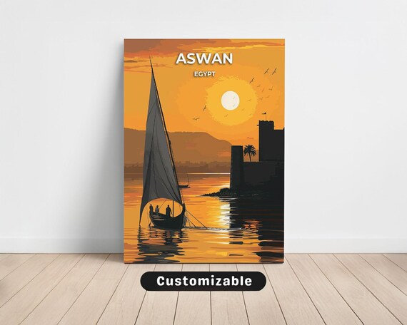 Aswan Egypt Felucca Sunset Nile Silhouette Golden Canvas Travel Poster