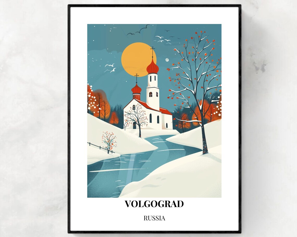 Volgograd Russia Winter Church Onion Domes Snowy River Travel Poster