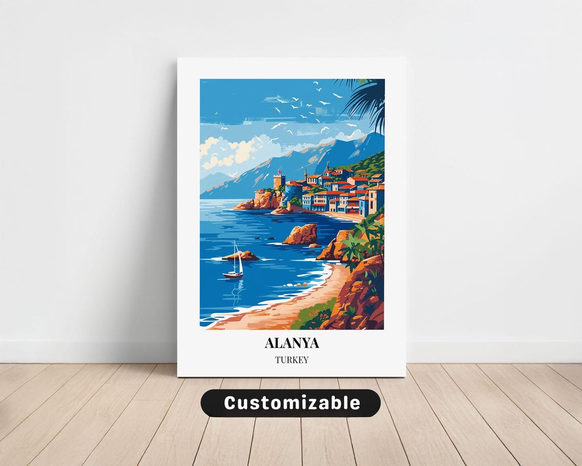 Alanya Turkey Coastal Cliff Town Sailboat Vintage Travel Poster