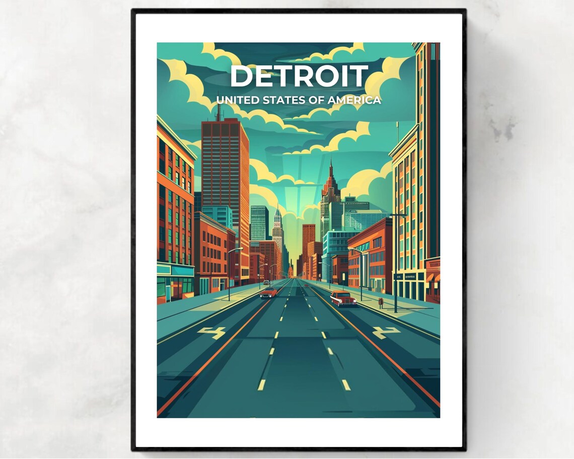 Detroit Michigan City Street Skyscrapers Retro USA Travel Poster