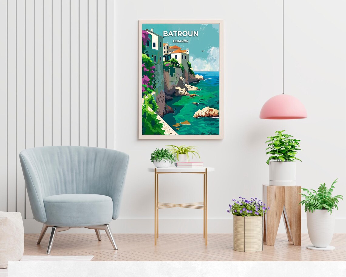 Batroun Lebanon Cliffside Houses Turquoise Sea Travel Poster - Image 2