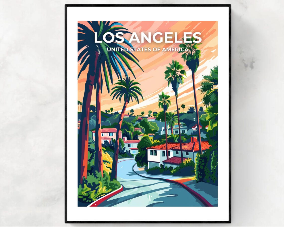 Los Angeles Sunset Palm Trees Travel Poster With Skyline Sky Title