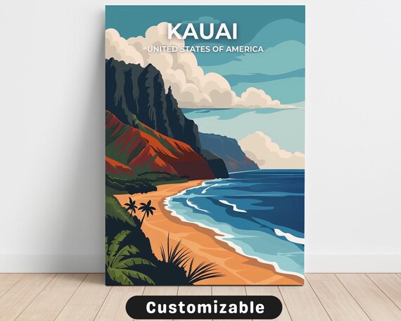 Kauai Hawaii Travel Poster with Na Pali Cliffs and Tropical Beach