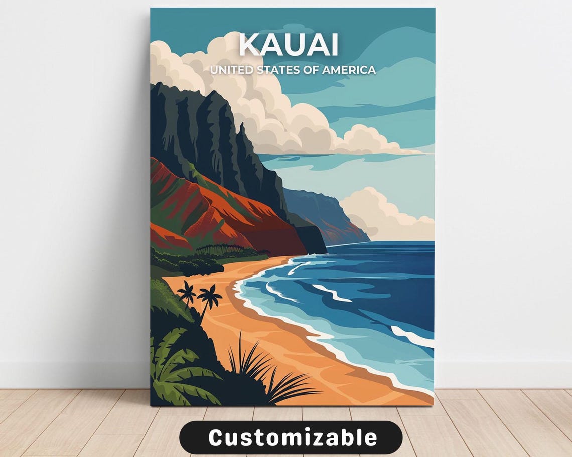 Kauai Hawaii Travel Poster with Na Pali Cliffs and Tropical Beach