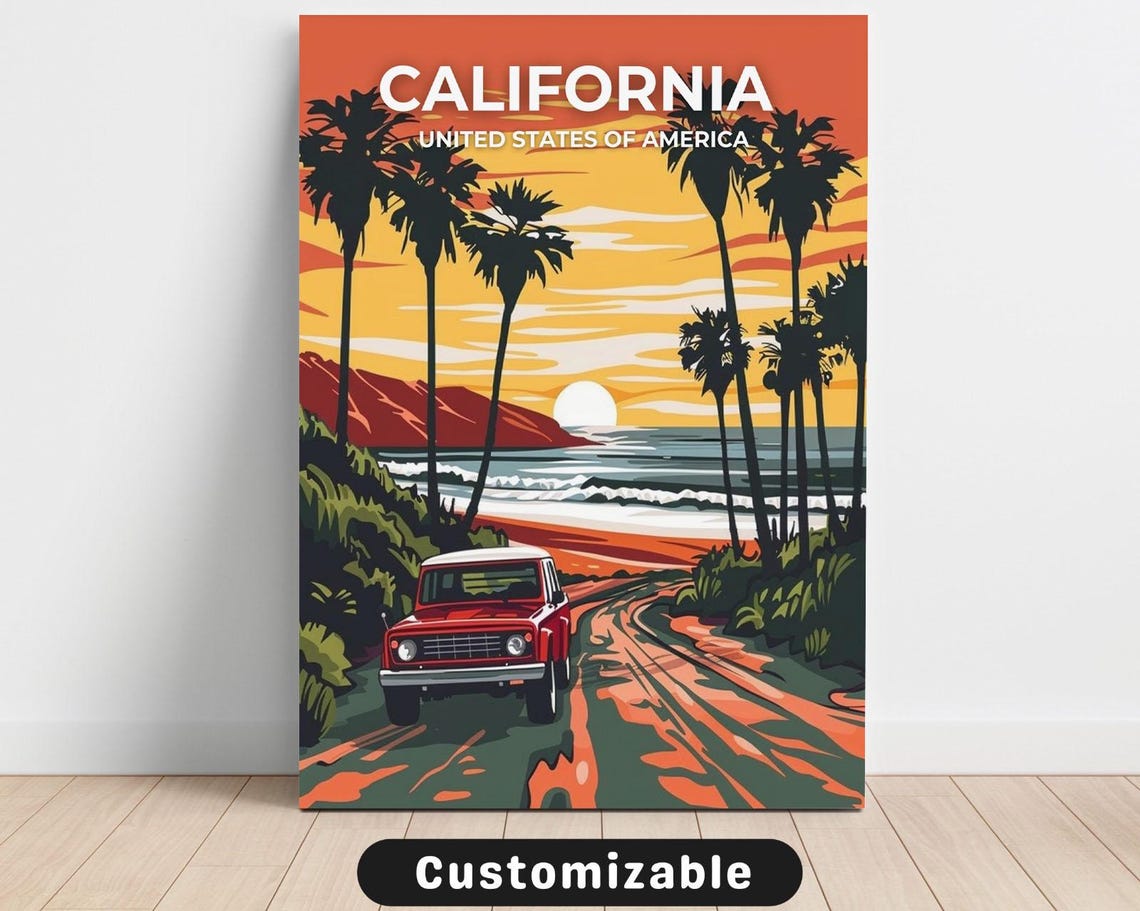 California Sunset Beach Palm Vintage Car Retro Travel Poster