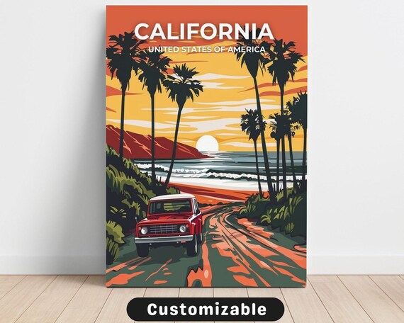 California Sunset Beach Palm Vintage Car Retro Travel Poster