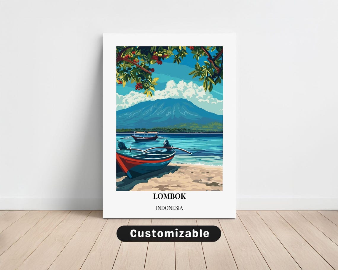 Lombok Indonesia Outrigger Canoe Beach Volcano Travel Poster