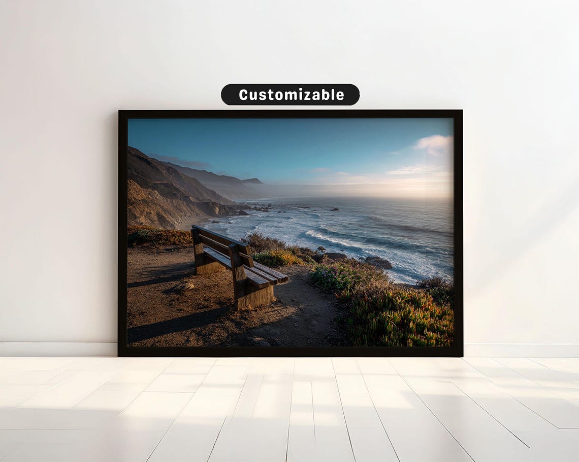 Wooden Bench Overlooking Ocean Cliffs At Sunrise Coastal Photo Poster