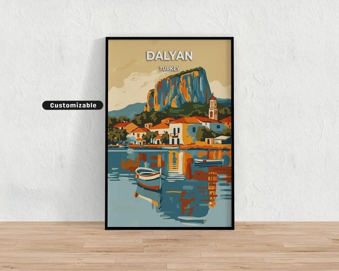Dalyan Turkey Harbor Boats Rocky Cliffs Reflection Water Travel Poster