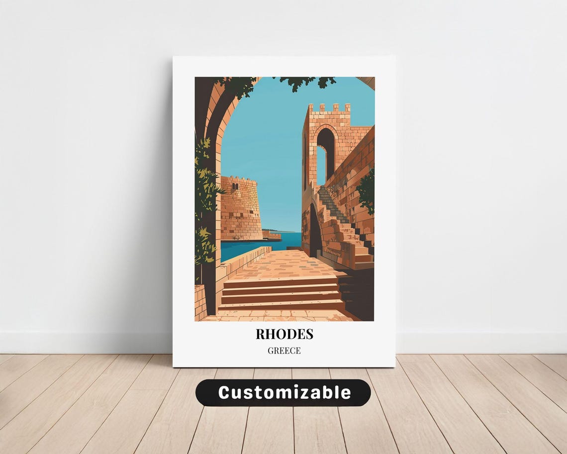 Rhodes Greece Medieval Castle Arch Harbor Vintage Travel Poster