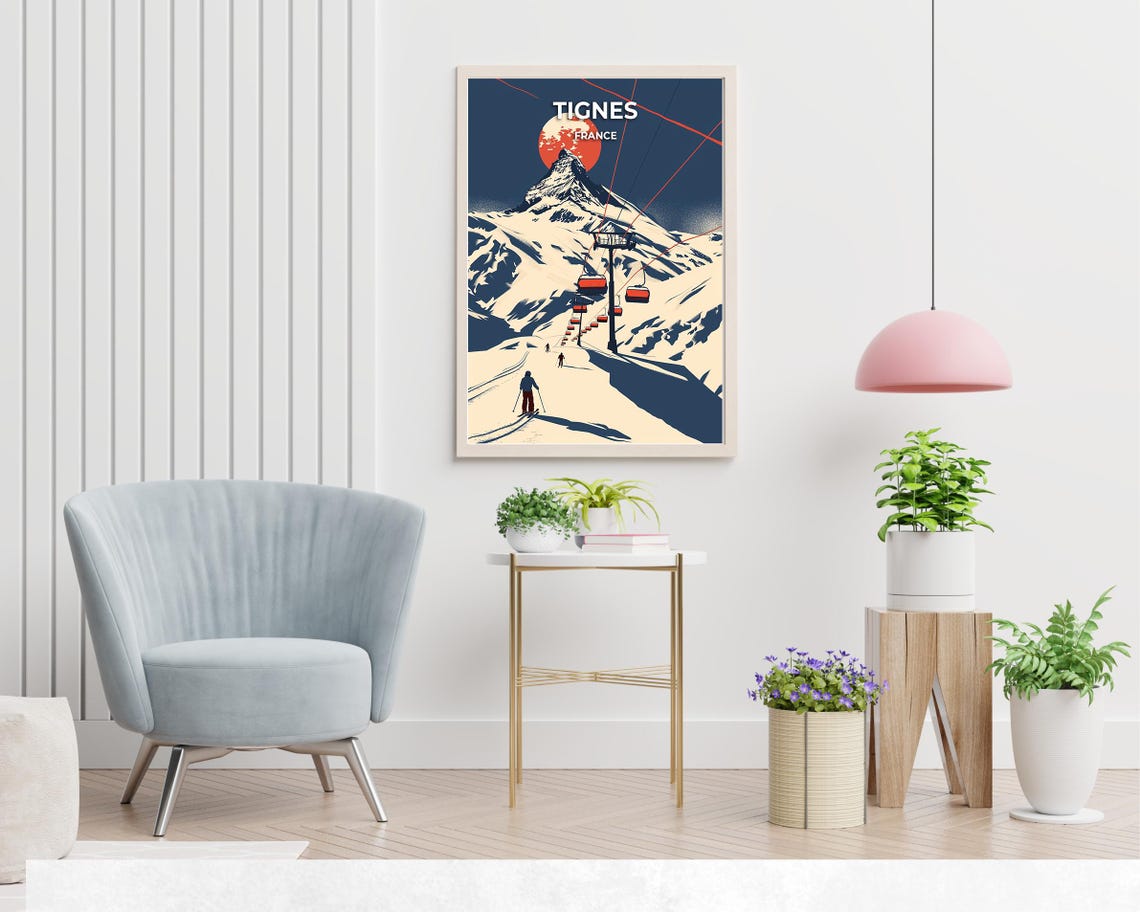 Tignes France Ski Resort Gondolas Sunset Retro Poster Design - Image 2