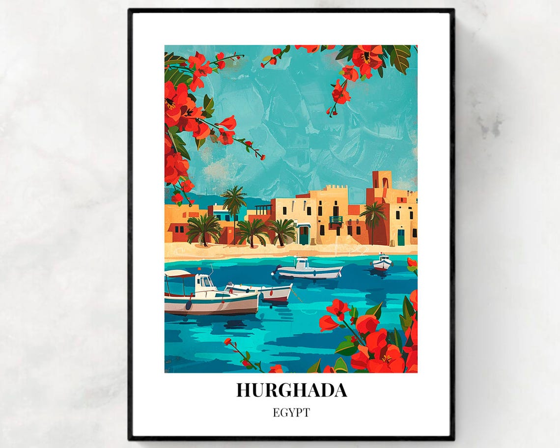 Hurghada Egypt Fishing Boats Harbor Travel Poster for Travel Lovers