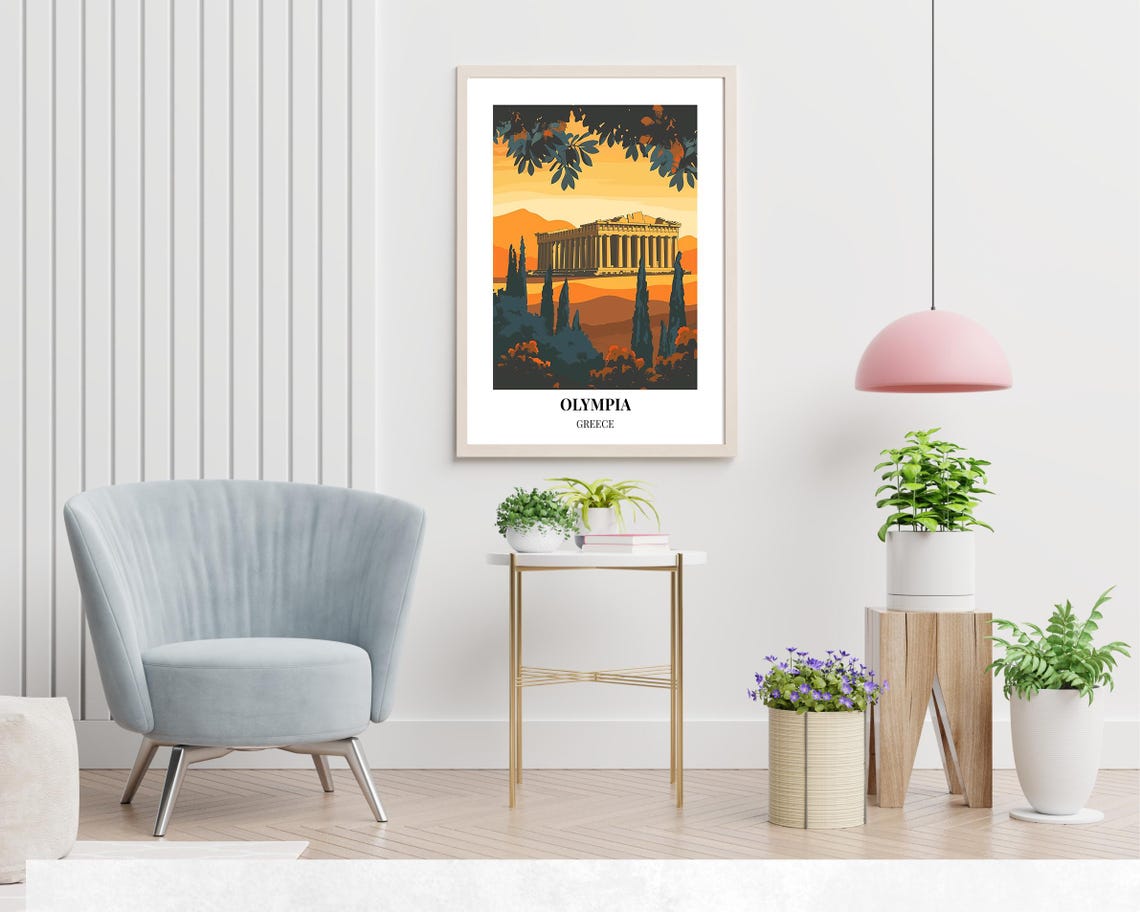 Olympia Greece Ancient Temple Sunset Cypress Trees Orange Sky Poster - Image 2