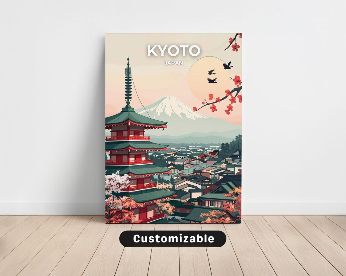 Kyoto Japan Red Pagoda Mount Fuji Cherry Blossom Travel Art Poster