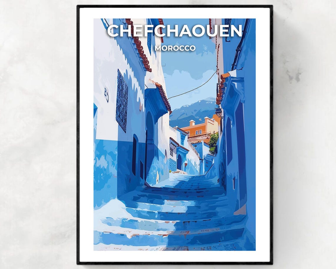 Chefchaouen Morocco Blue Painted Street Stairway Travel Poster