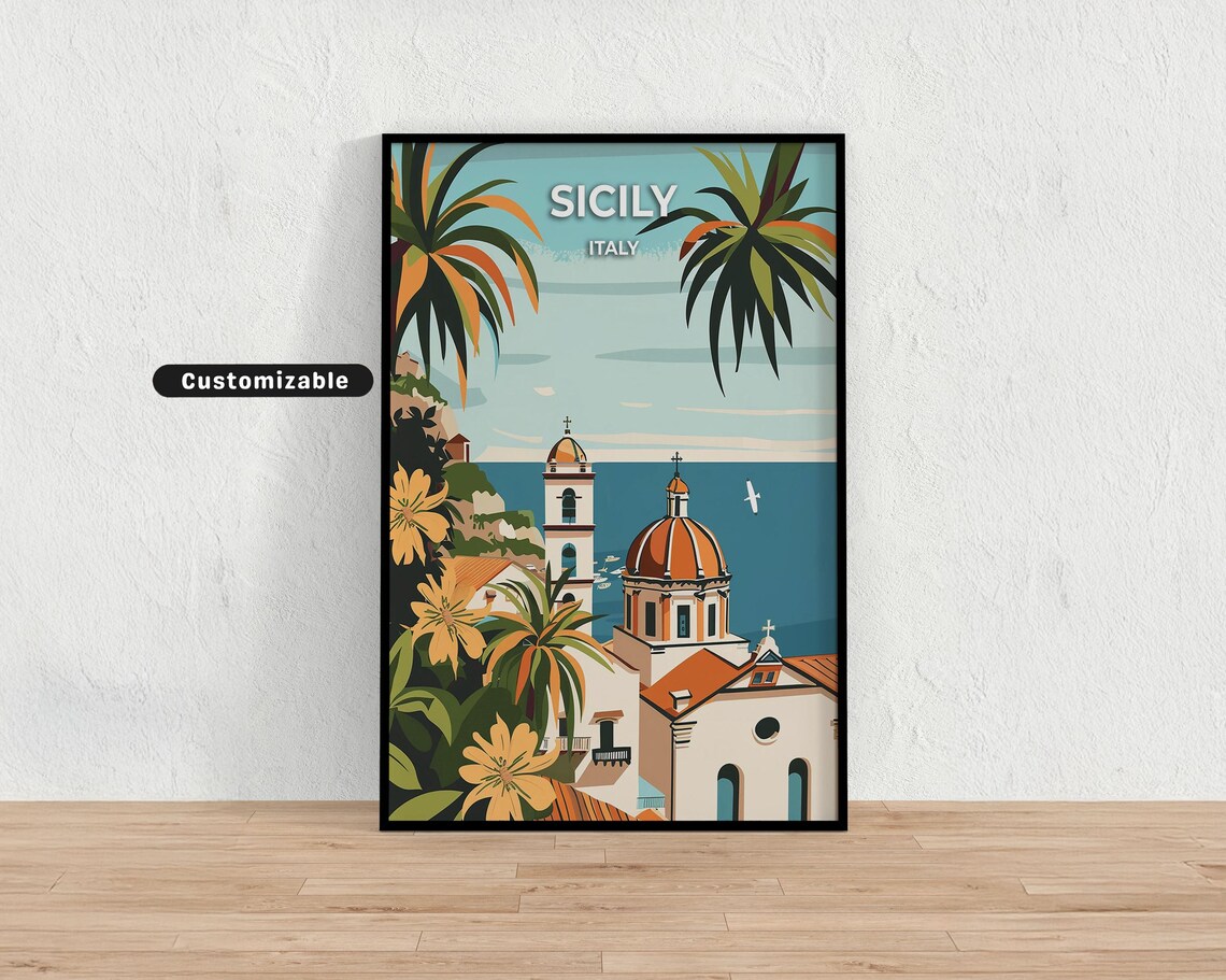 Sicily Italy Domed Seaside Church Palms Vintage Travel Poster Art