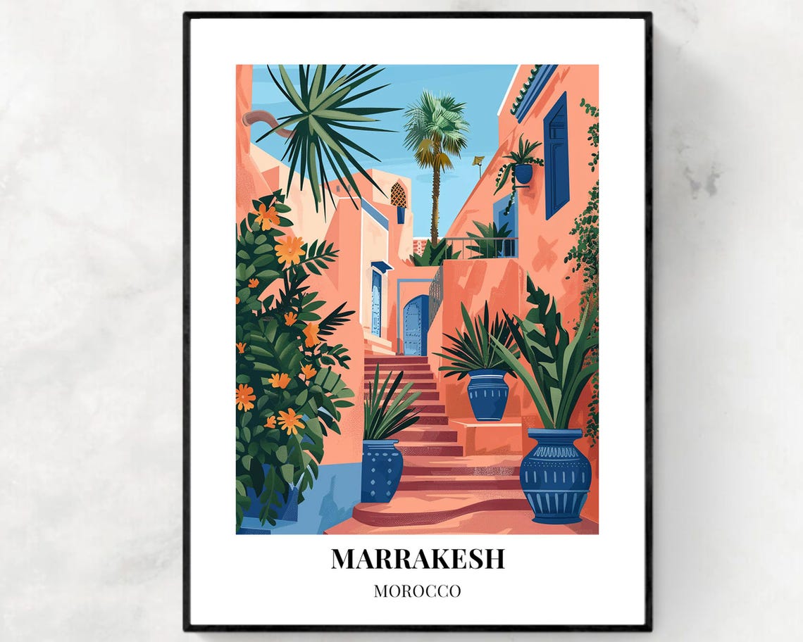 Marrakesh Morocco Riad Courtyard Terracotta Travel Poster Art