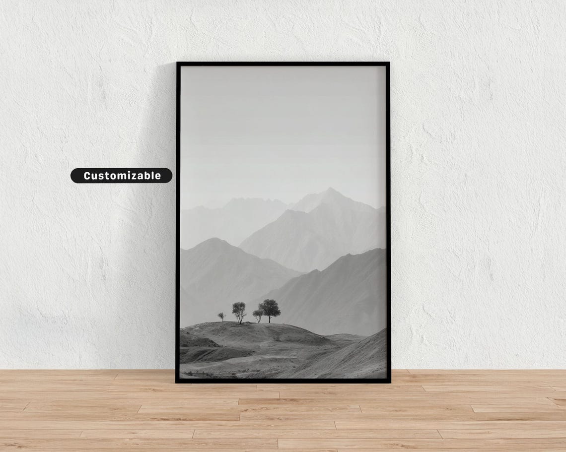 Misty Gray Desert Mountains Minimal Monochrome Landscape Poster