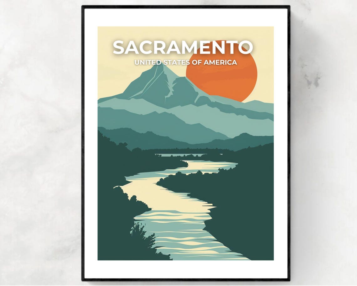 Sacramento River Mountain Sunset Minimalist Nature Travel Poster
