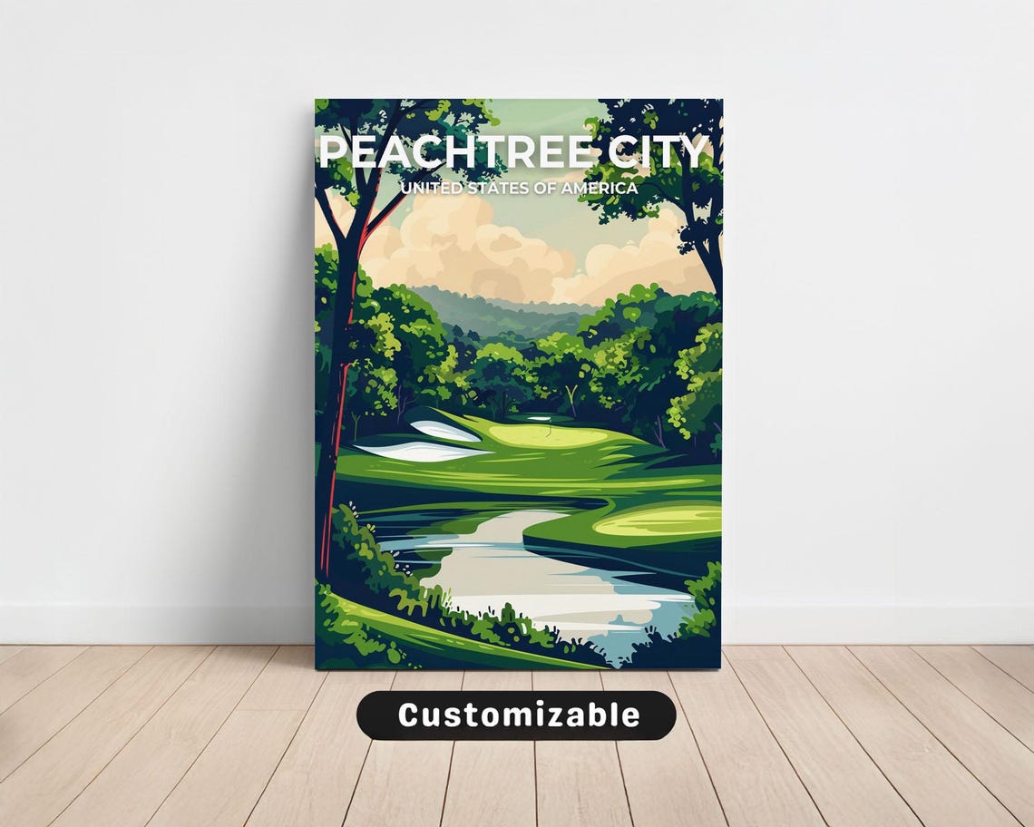 Peachtree City Golf Course Lush Fairway Landscape Vector Poster