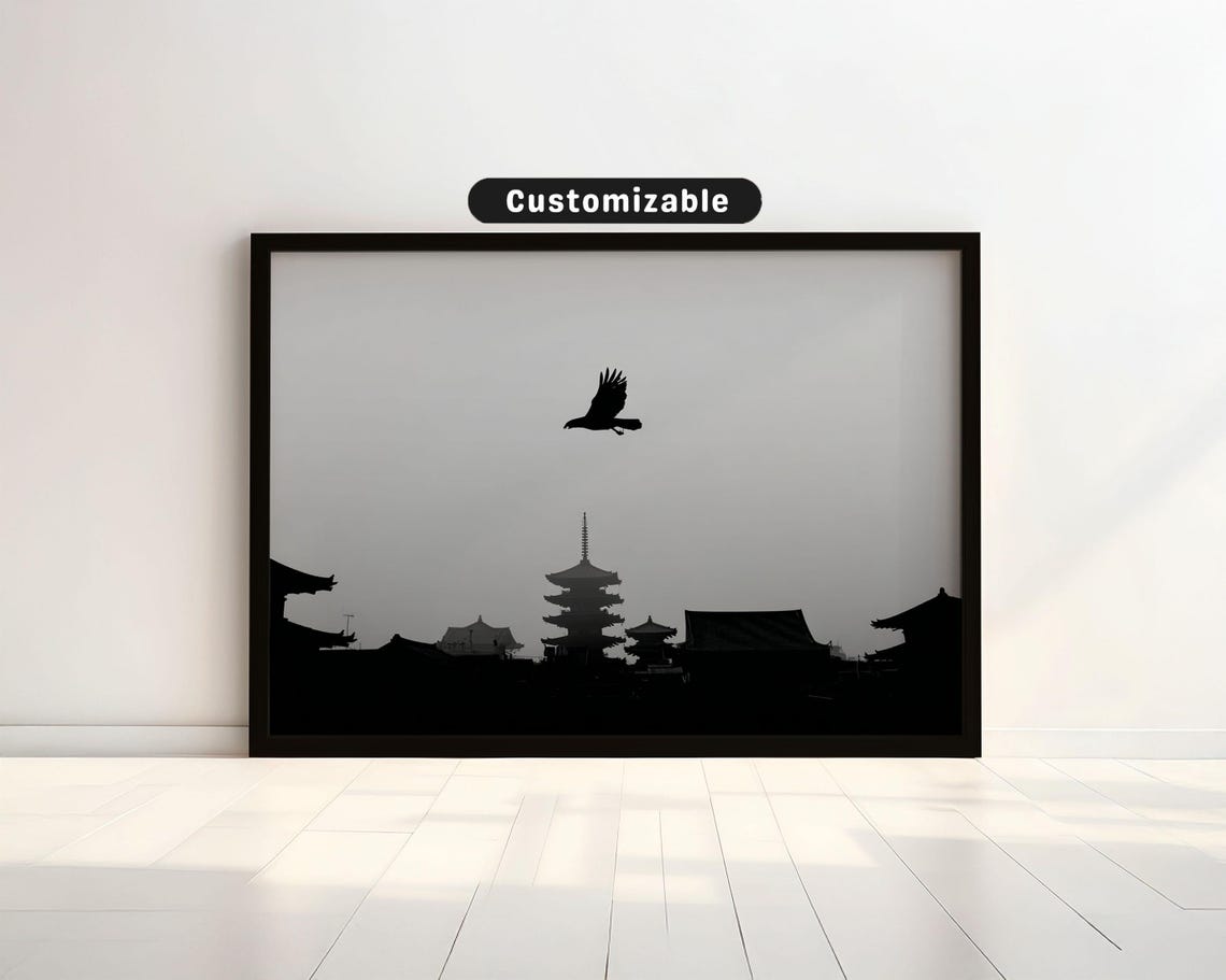 Silhouette Of Hawk Above Distant Temple Rooftops Japanese Wall Art Print Zen Asian Decor