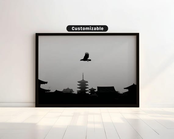 Silhouette Of Hawk Above Distant Temple Rooftops Japanese Wall Art Print Zen Asian Decor