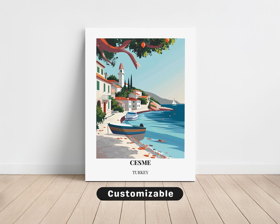 Cesme Turkey Travel Poster Coastal Village Boats Retro Vintage Art
