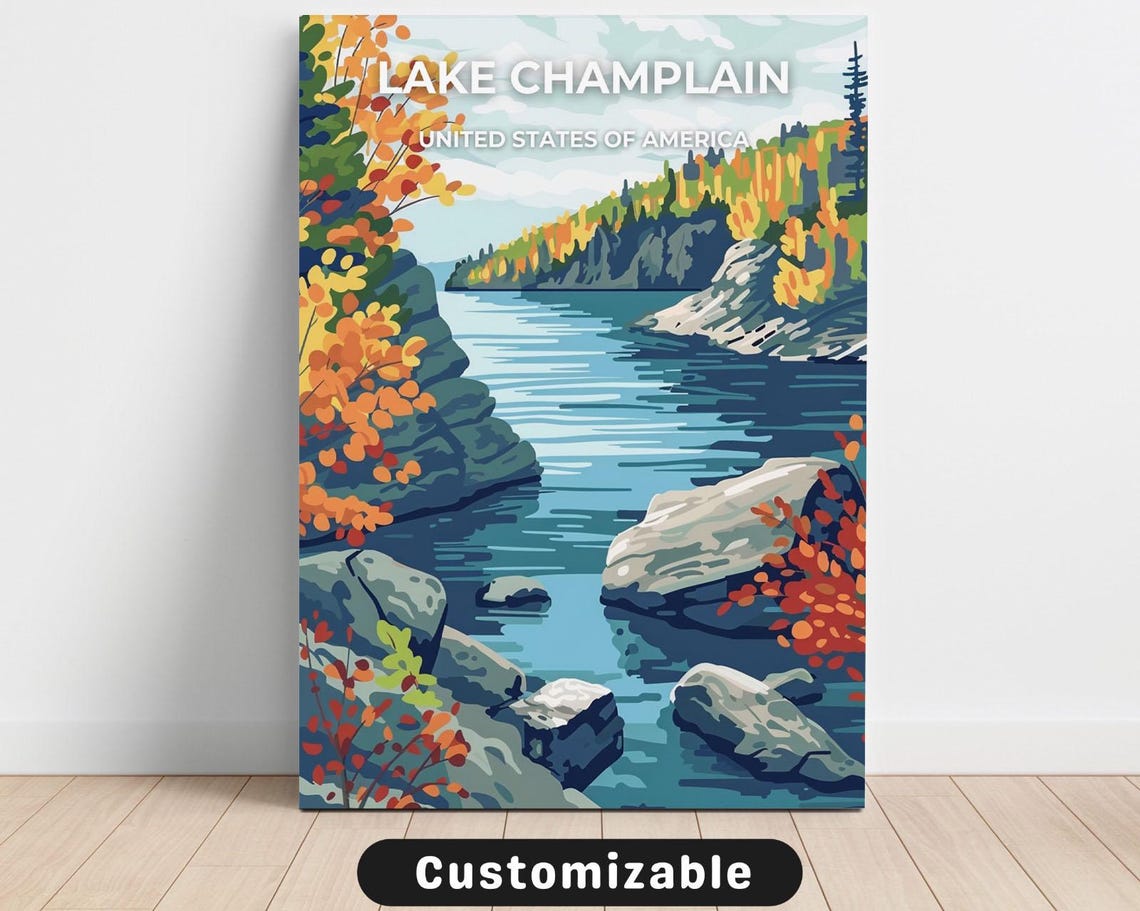 Lake Champlain Autumn Shoreline Vintage Travel Poster Scenic
