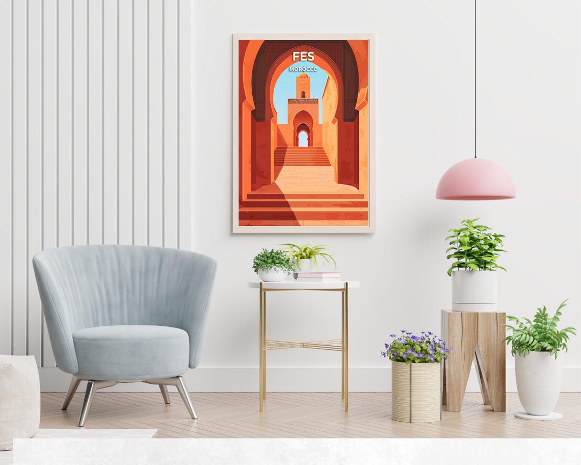 Fes Morocco Terracotta Horseshoe Arches Minaret Travel Poster - Image 2