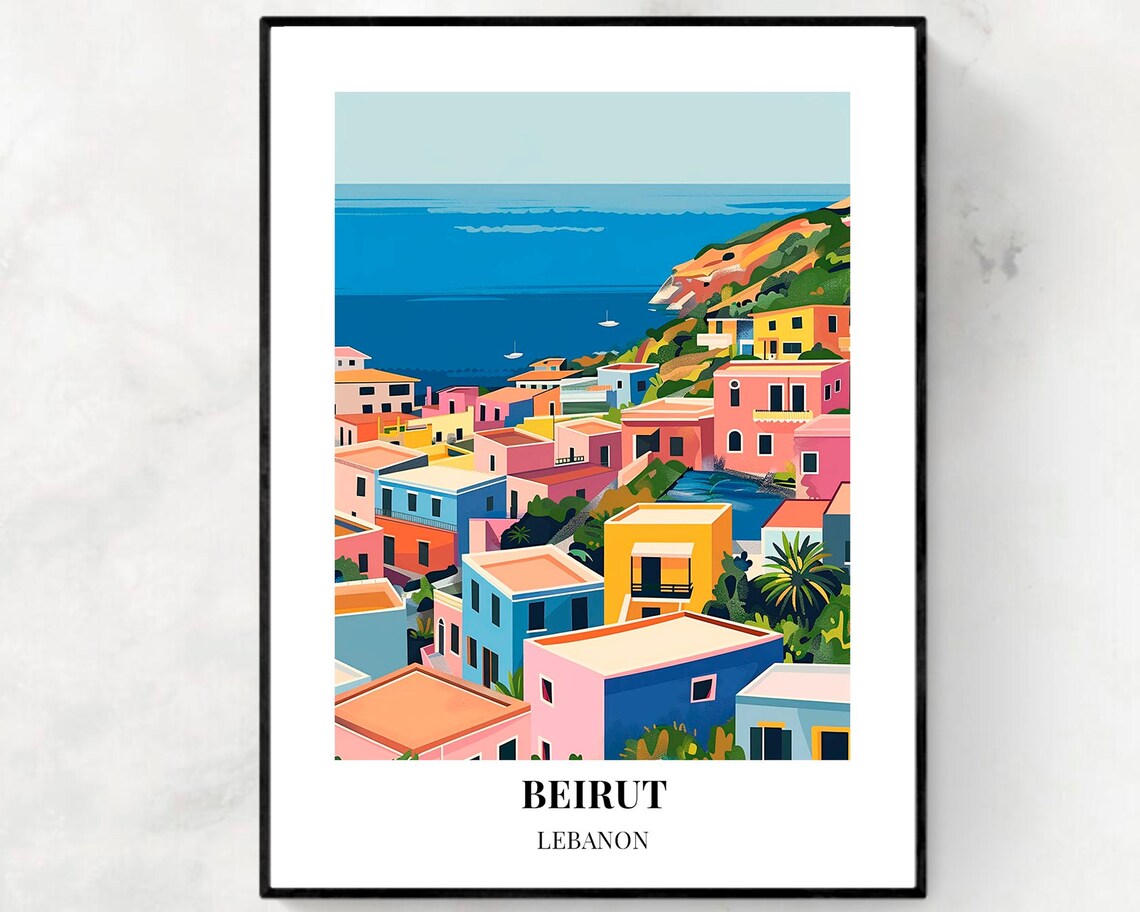Beirut Lebanon Colorful Coastal Houses Bay View Travel Poster