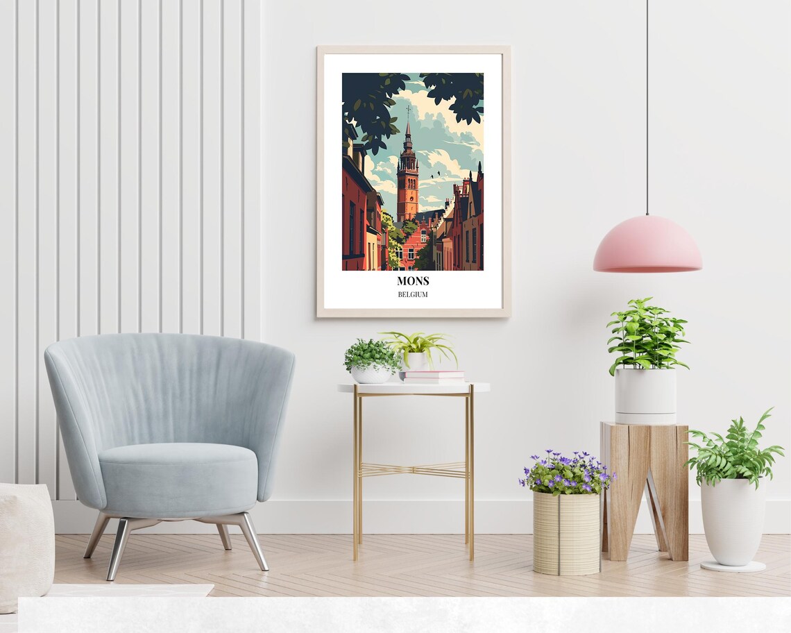 Mons Old Town Street Belgium Belfry Tower Warm Vintage Poster - Image 2