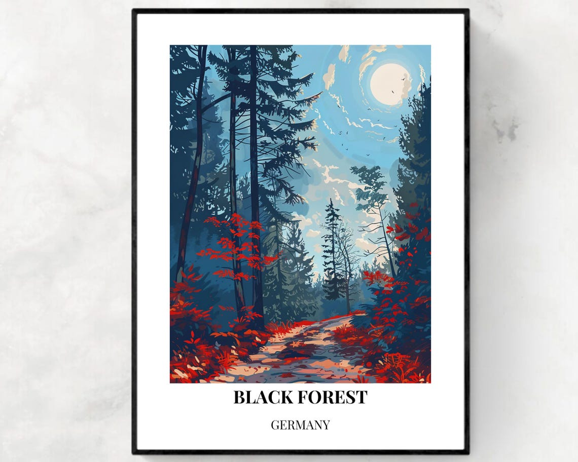 Black Forest Germany Pine Trail Moonlight Red Foliage Travel Poster