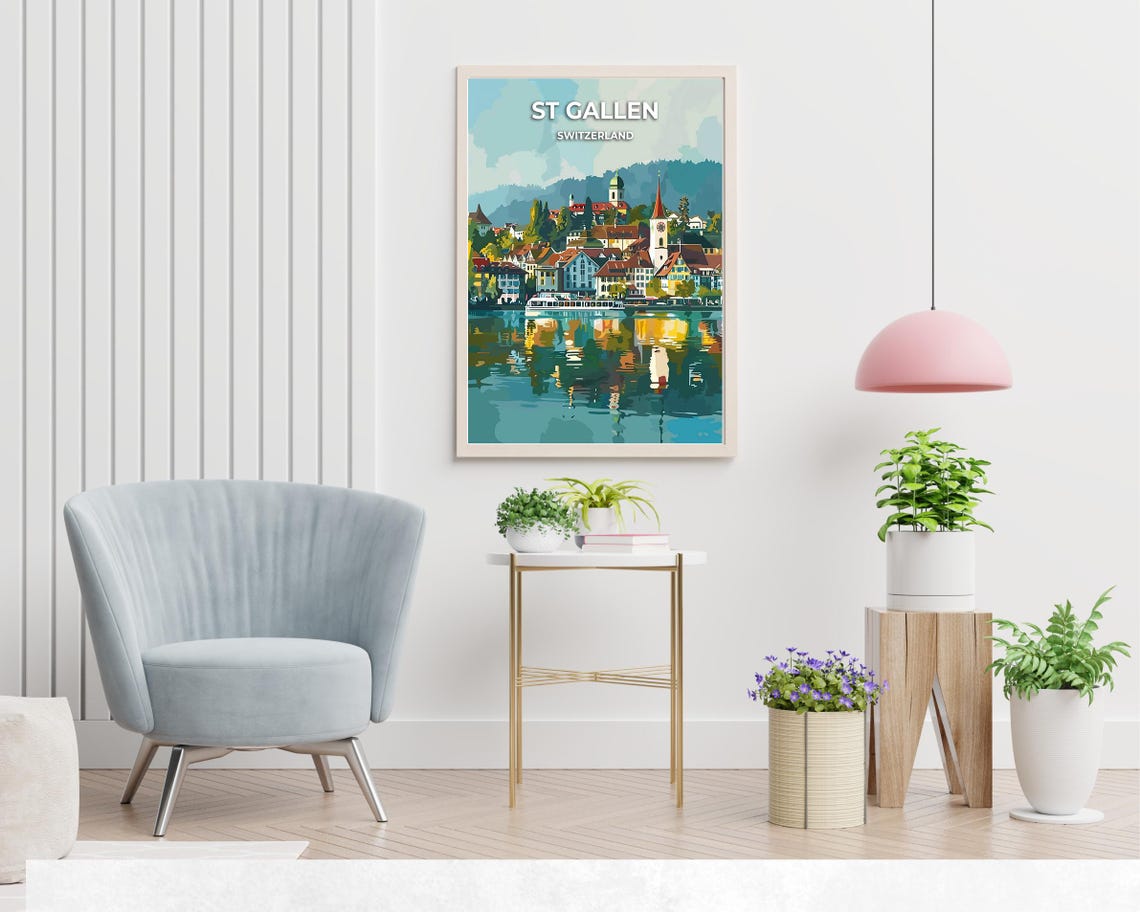 St Gallen Switzerland Lakeside Old Town Reflections Travel Poster - Image 2