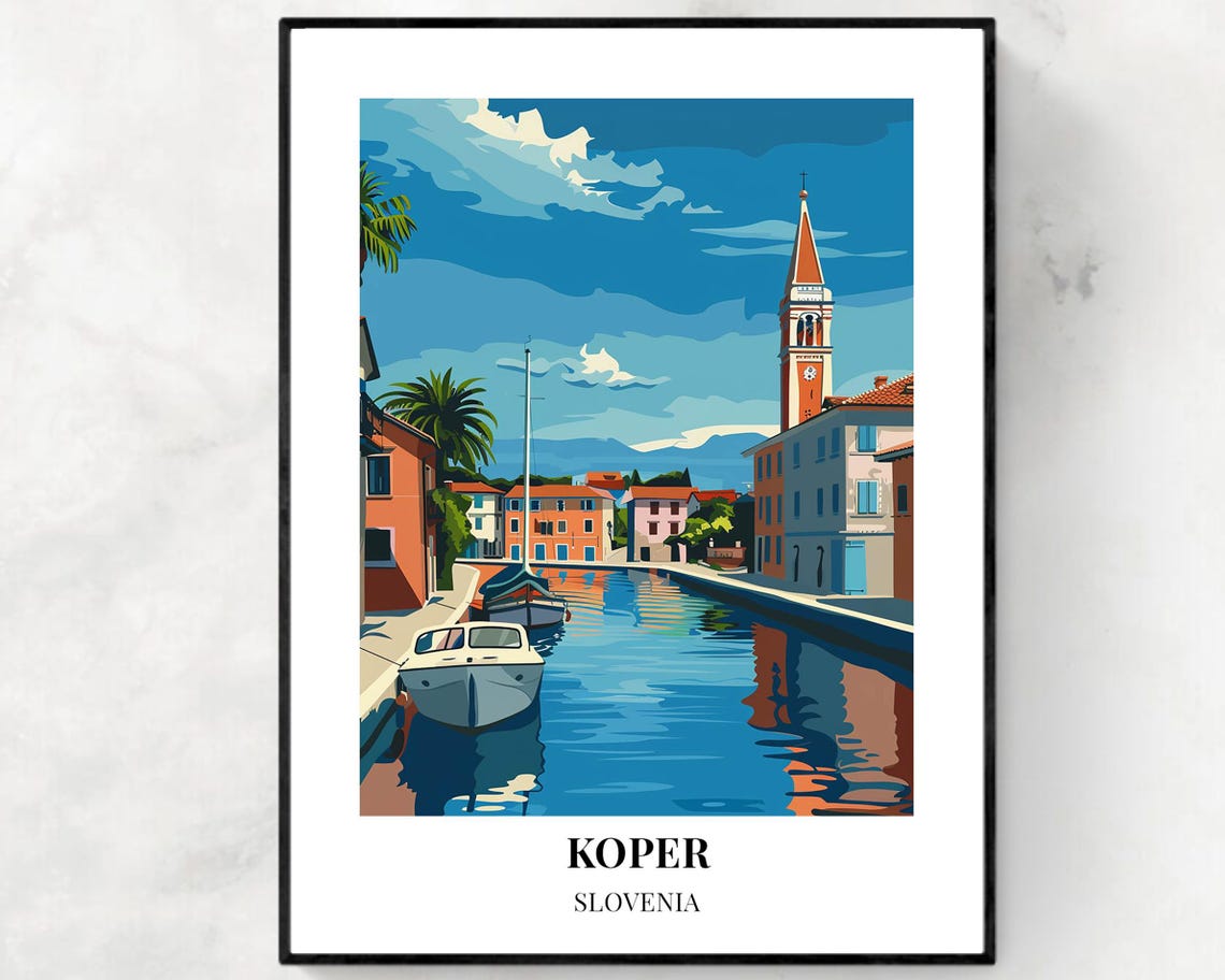 Koper Slovenia Marina Poster with Canal Boats and Bell Tower