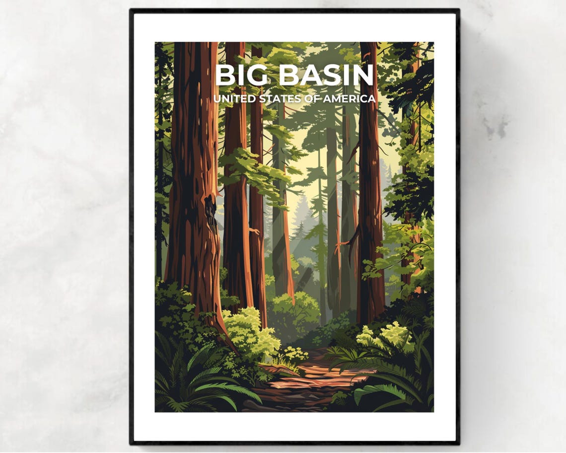 Big Basin Redwood Forest Towering Trees Trail Vintage Travel Poster